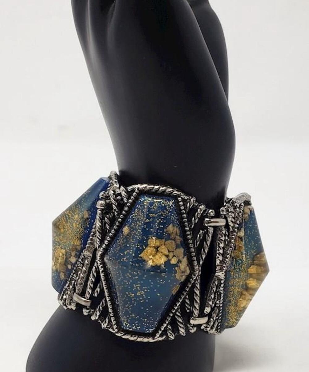 Vintage Lucite Teal & Gold Confetti Resin w/ Gold Flakes on Wide Silver Bracelet